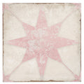 8x8 white porcelain tile with vintage pink geometric star motif and distressed finish