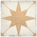 8x8 white matte porcelain tile with terracotta eight-pointed star motif and weathered edges