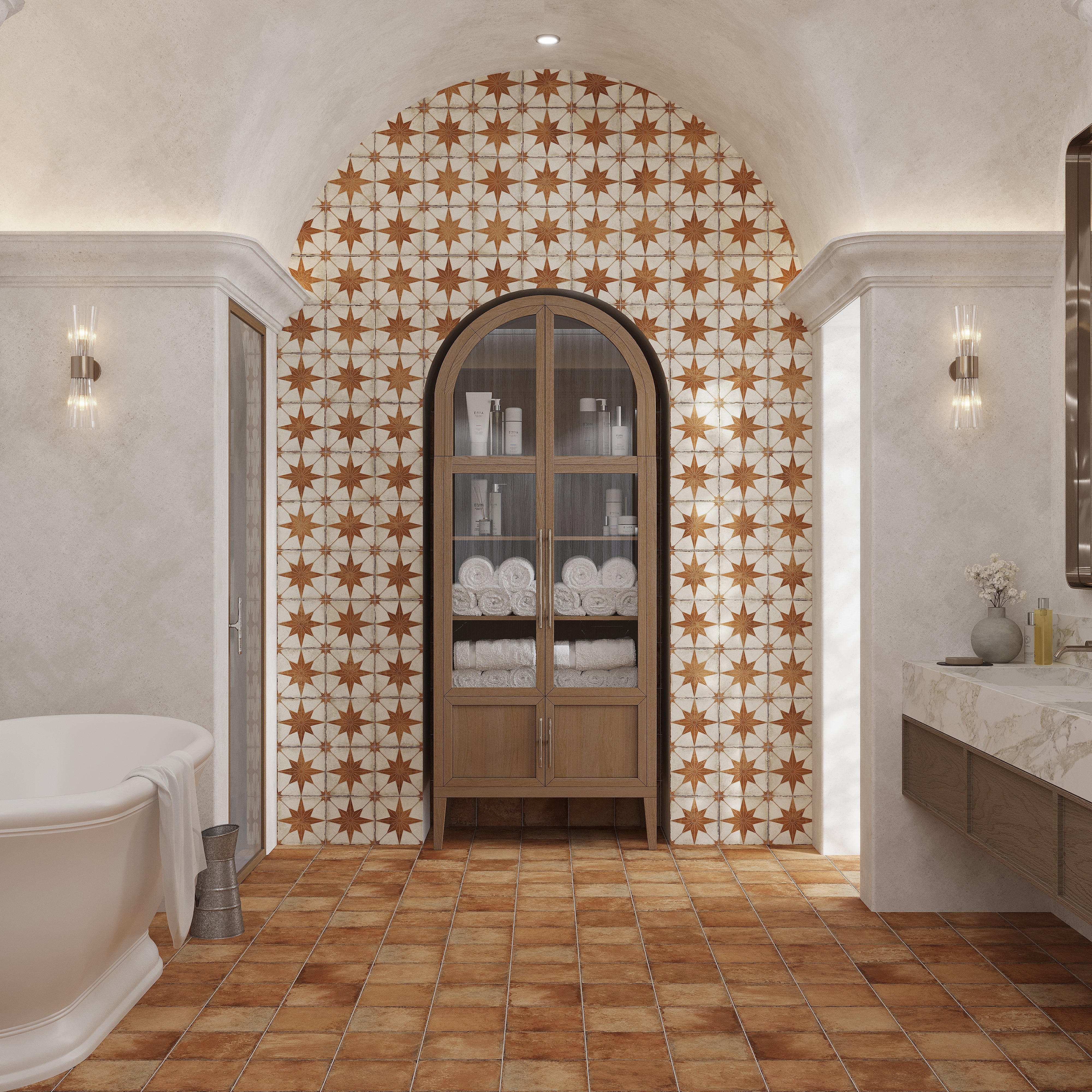 Matte square porcelain shower floor tile ideas in terracotta-look finish