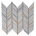 white glossy ceramic mosaic wall tile with leaf-shaped pieces in blue and beige accents