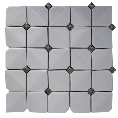 White 12x12 inch glossy ceramic mosaic wall tile with small metallic diamond accents