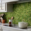 Glossy moss green glass mosaic tiles, 12x12 inch squares, kitchen backsplash installation