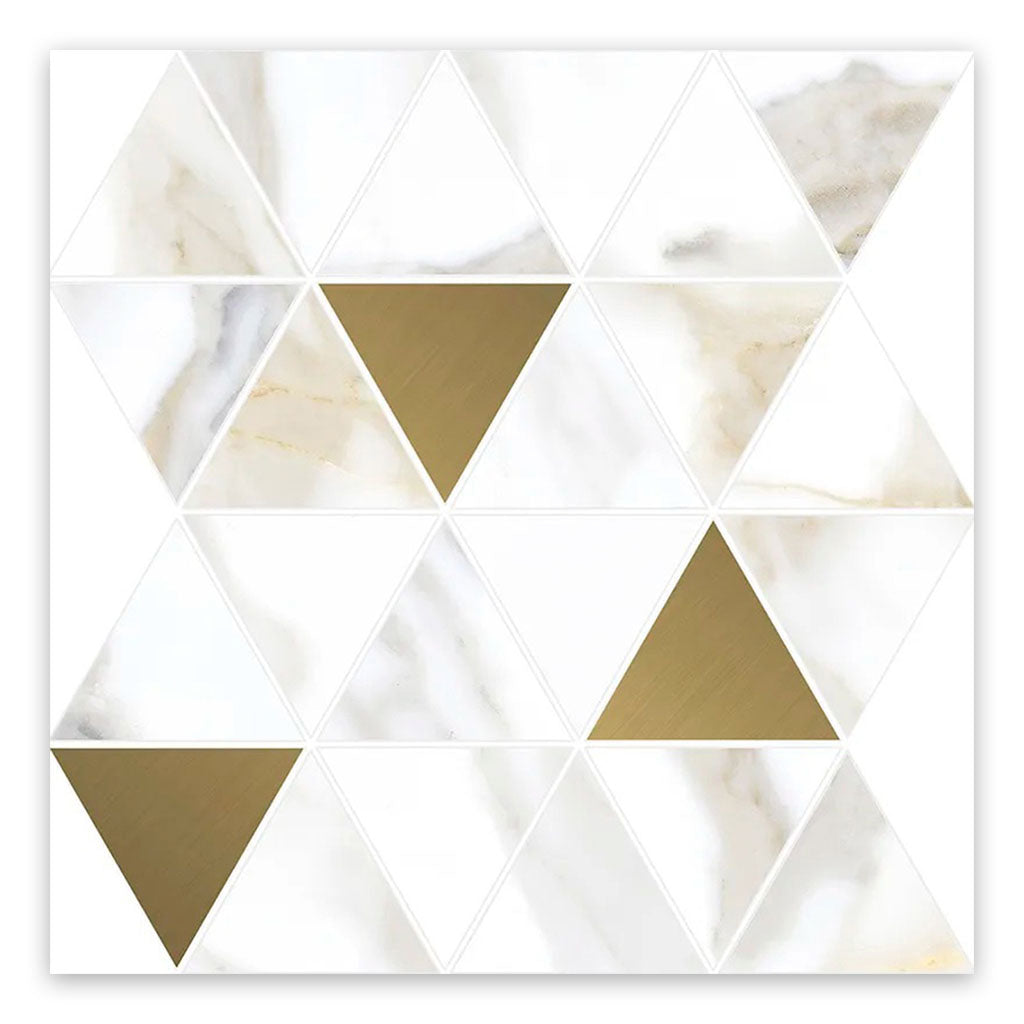 Strata 9.85 in. x 11.4 in. Matte White and Gold Ceramic Mosaic Triangle Wall and Floor Tile (8.58 sq ft/case) - 11 Pack