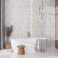 White and gold polished porcelain diamond pattern large format wall tile 24x48 inches