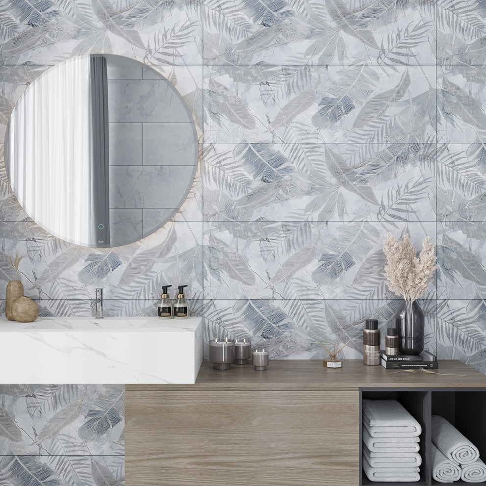 Small bathroom design in large fired ceramic tile with botanical pattern