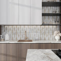 Cream beige and crisp white polished porcelain large format wall tile with ripple texture, 24x48 inches, kitchen backsplash