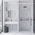 Light grey and white matte ceramic large format rectangular tiles on bathroom wall and shower interior