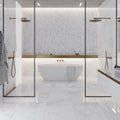 bright white with gray polished porcelain 24x48 large format tile on bathroom floor and walls