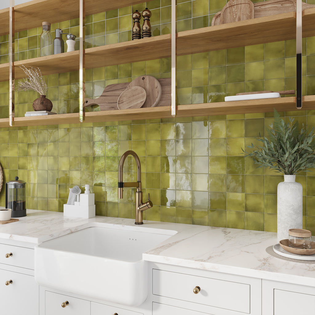50 pack Silken 3.94 in. x 3.94 in. Glossy Green Ceramic Square Wall and Floor Tile (5.38 sq ft/case) - Sample
