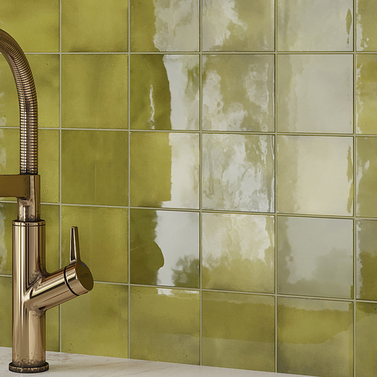 glossy olive green ceramic square tiles 4x4 backsplash installation