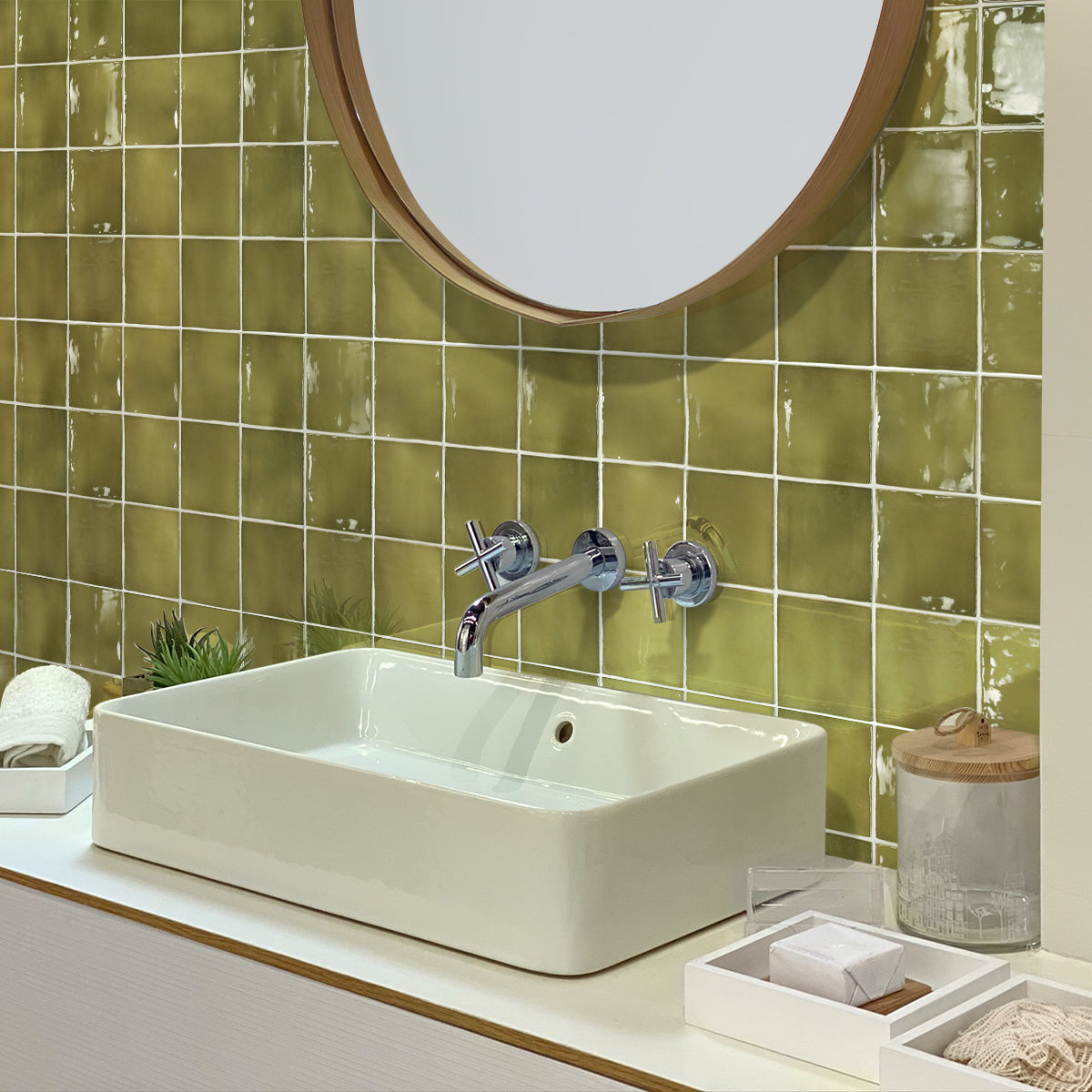 50 pack Silken 3.94 in. x 3.94 in. Glossy Green Ceramic Square Wall and Floor Tile (5.38 sq ft/case) - Sample