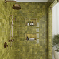 Olive green 4x4 glossy ceramic tiles on bathroom shower walls