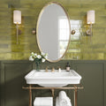 Glossy olive green ceramic subway tile 2.56x15.75 inches on bathroom wall
