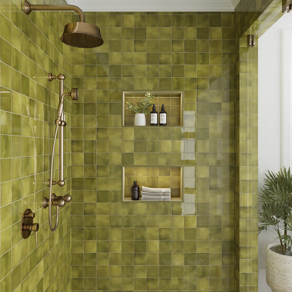50 pack Silken 3.94 in. x 3.94 in. Glossy Green Ceramic Square Wall and Floor Tile (5.38 sq ft/case) - Sample