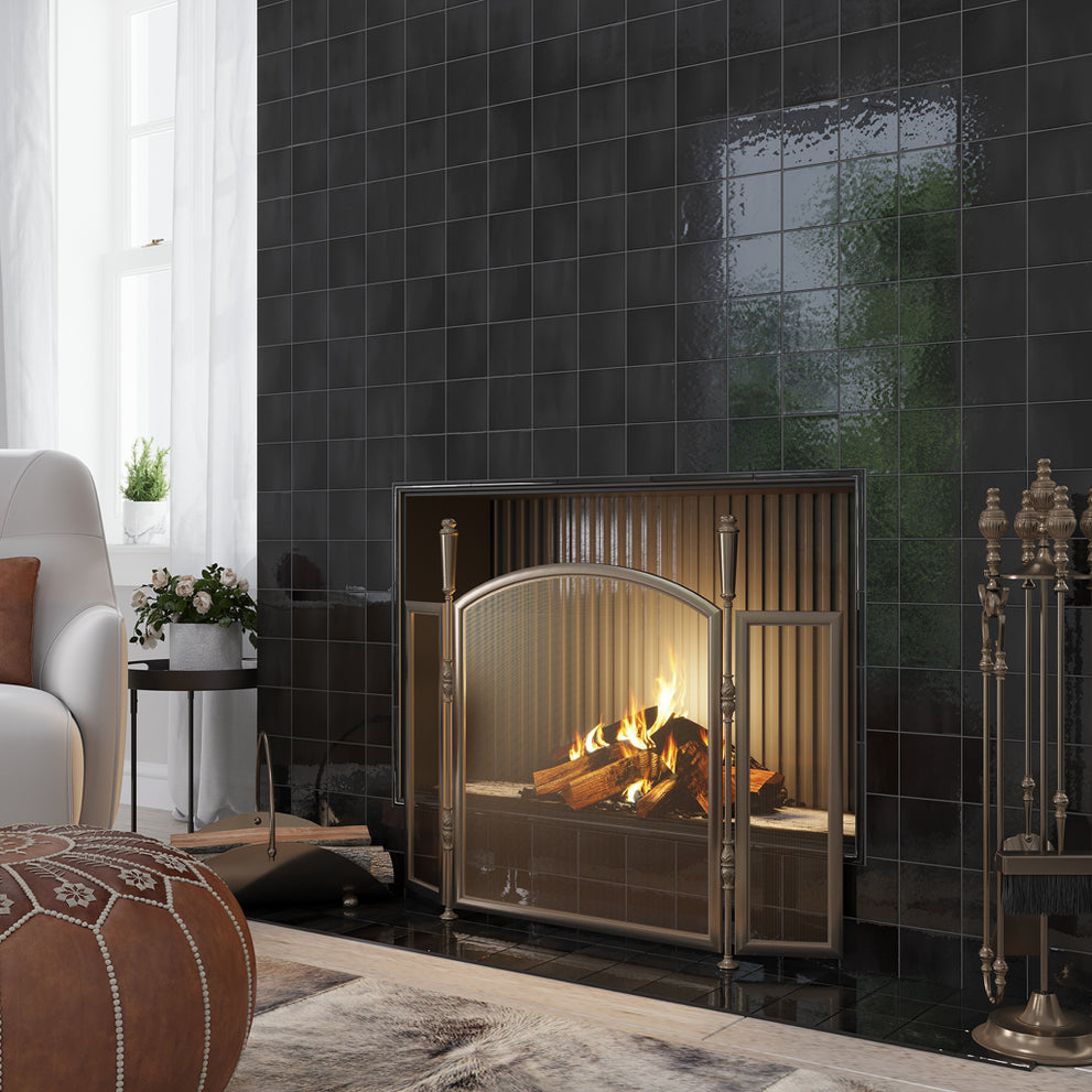 Black glossy square ceramic tile in a Moroccan-inspired Zellige-look design