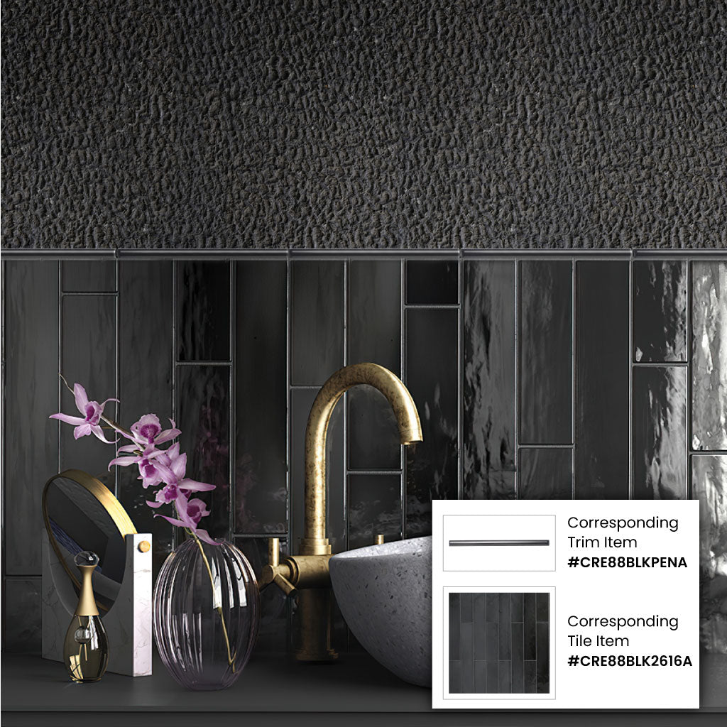 Black 2.6x16 Glossy Ceramic Subway Tile (38 pack, 10.76 sq ft/case) - Sample