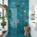 Teal green glossy ceramic subway tile in 2.56x15.75 inches on shower wall and floor