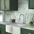 Glossy tea green ceramic square tiles 4x4 on kitchen backsplash and wall