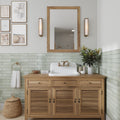 Glossy tea green ceramic pencil tile trim, 0.5x8 inches, installed on bathroom wall
