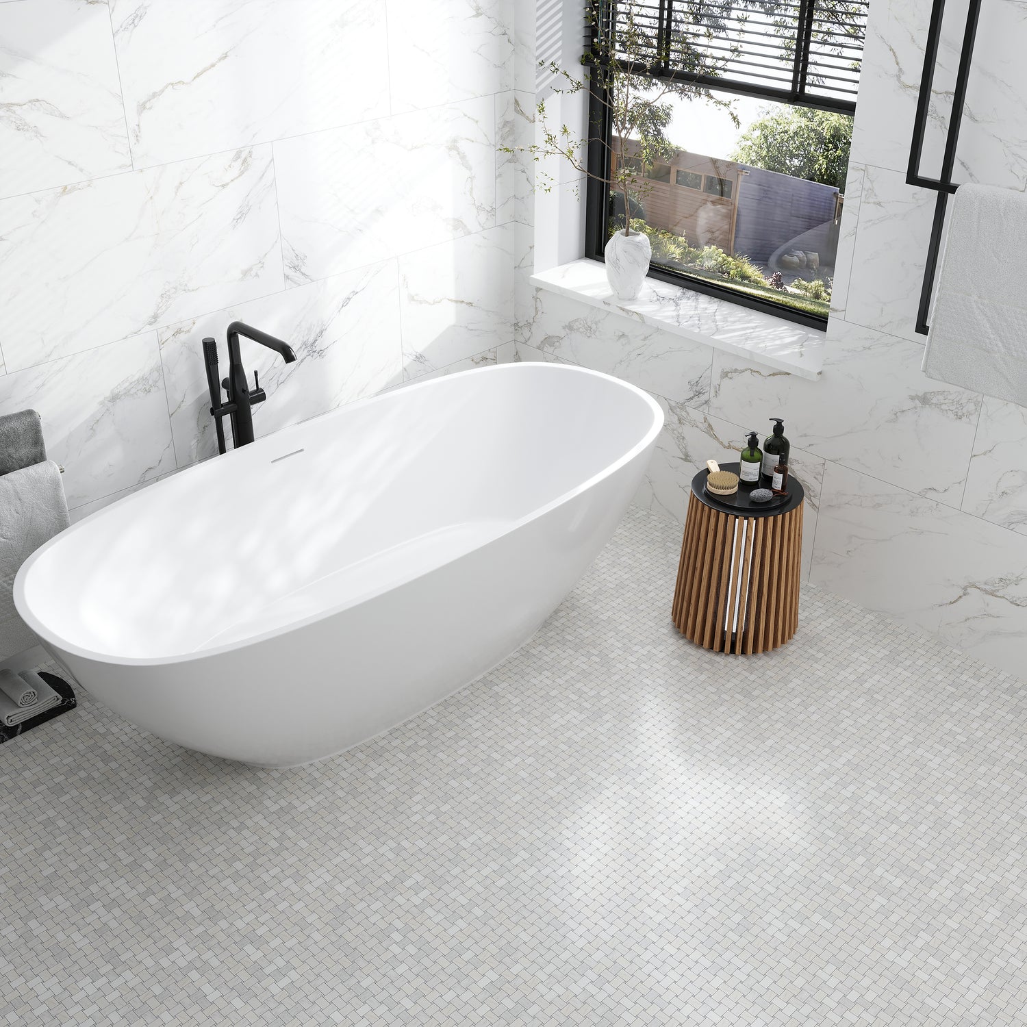 Sample-Eastern White Bianco Carrara 12x12 Polished Basketweave Marble Mosaic Tile (5 pack, 4.83 sq ft/case)