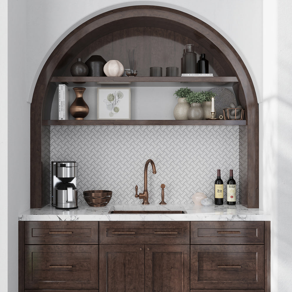 Polished basketweave marble mosaic tile in Eastern White and Bianco Carrara