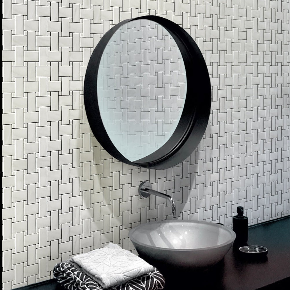 Pearl White 12x12 Polished Basketweave Marble Mosaic Tile (5 pack, 5 sq ft/case) - Sample