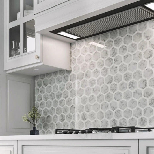 5 pack White and Gray 10.6 in. x 11.8 in. Hexagon Polished Marble Mosaic Tile (4.34 sq ft/case)