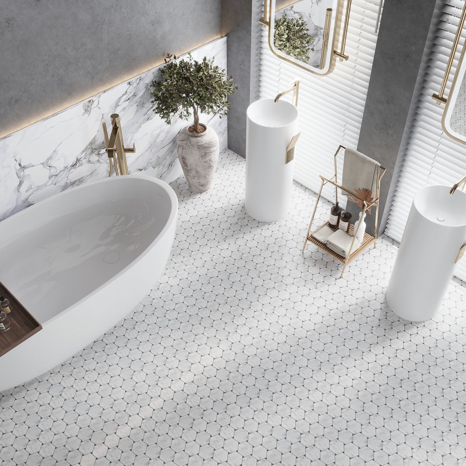 Sample - Cotton White 11x12 Polished Hexagon Bianco Carrara Bardiglio Marble Mosaic Tile (5 pack, 4.73 sq ft/case)