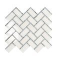 White and gray polished marble herringbone mosaic tile in 10x11 inch layout with subtle veining