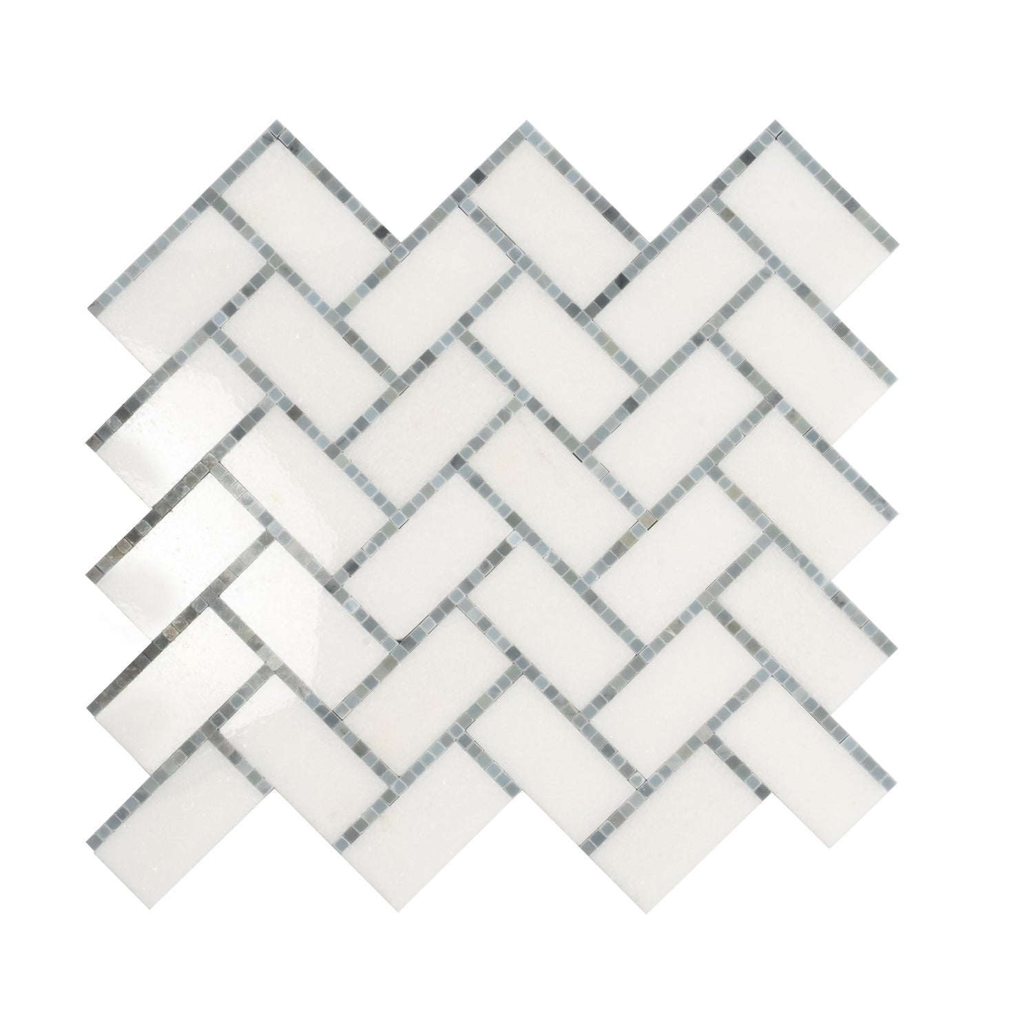 White and gray polished marble herringbone mosaic tile in 10x11 inch layout with subtle veining