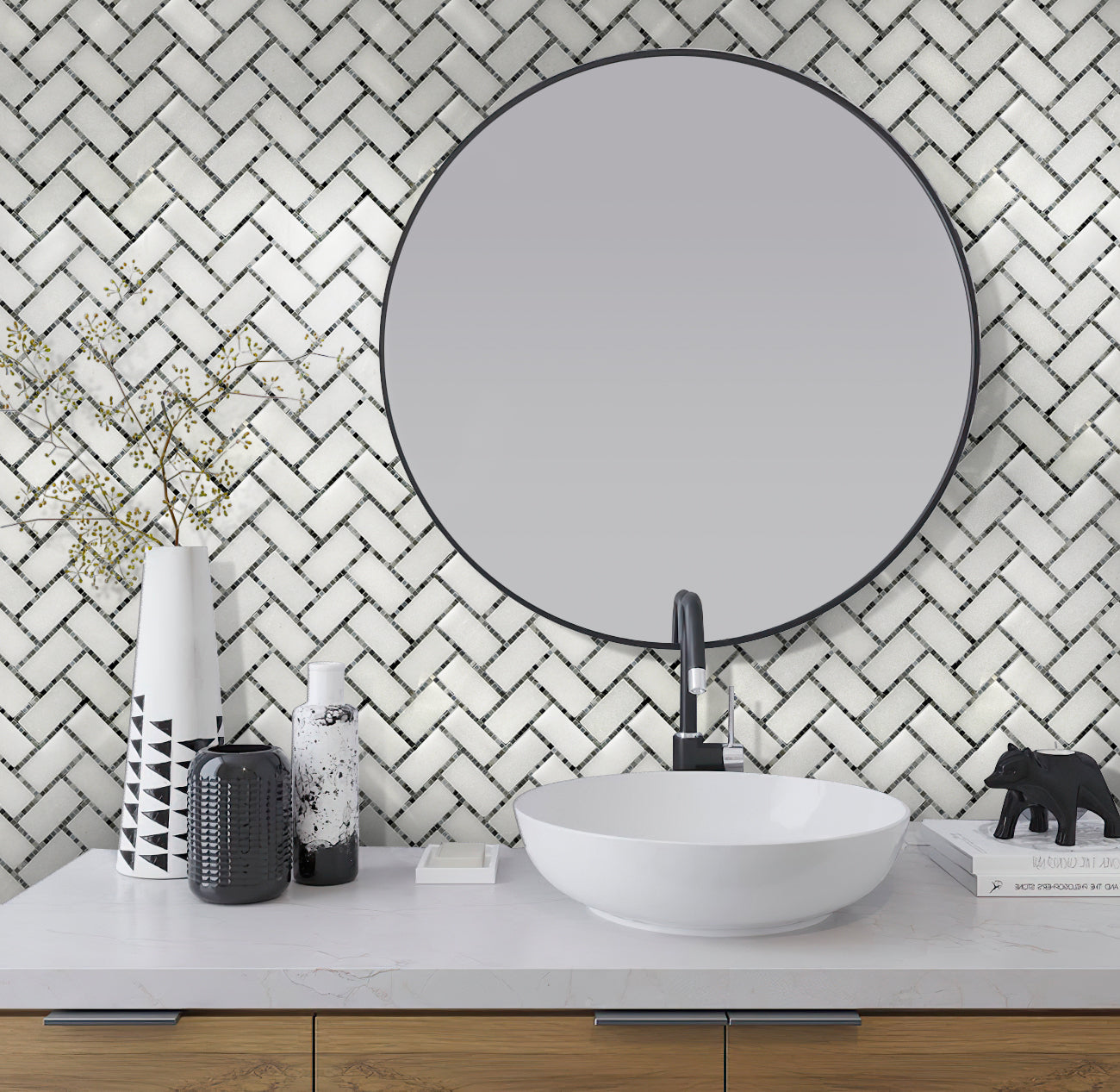 white and gray polished marble herringbone mosaic tile with black grout