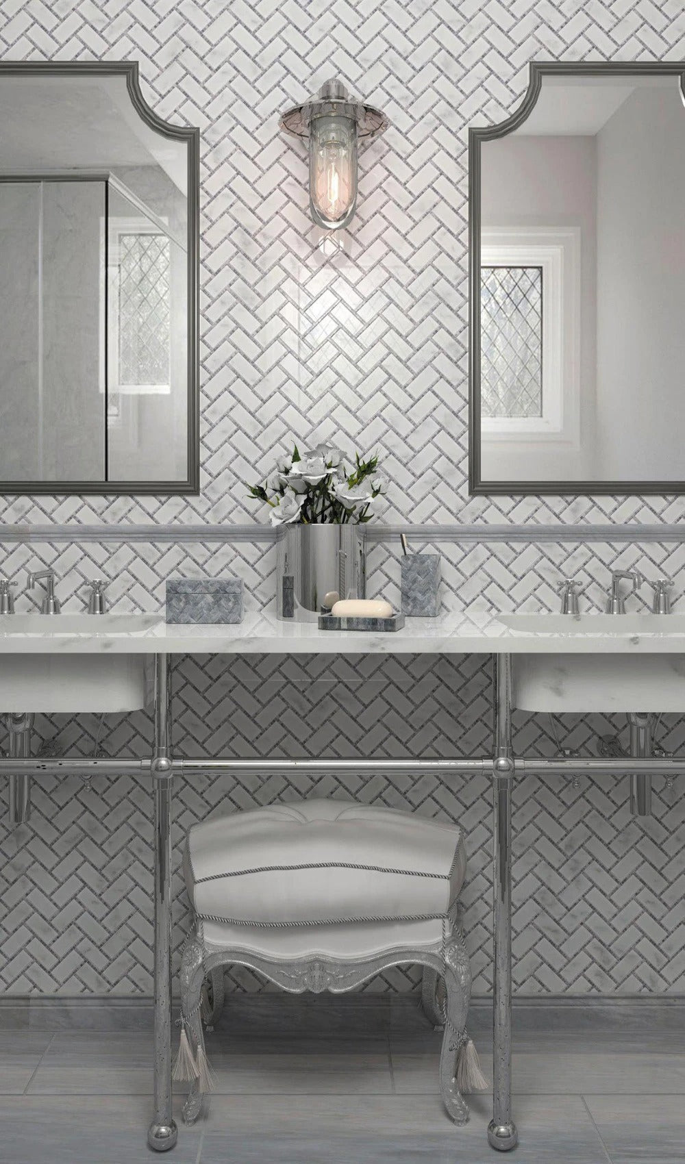 Sample - White, Gray 10x11 Polished Marble Herringbone Mosaic tile (5 pack, 3.68 sq ft/case)