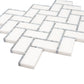 White and gray polished marble herringbone mosaic tiles with small gray border accents