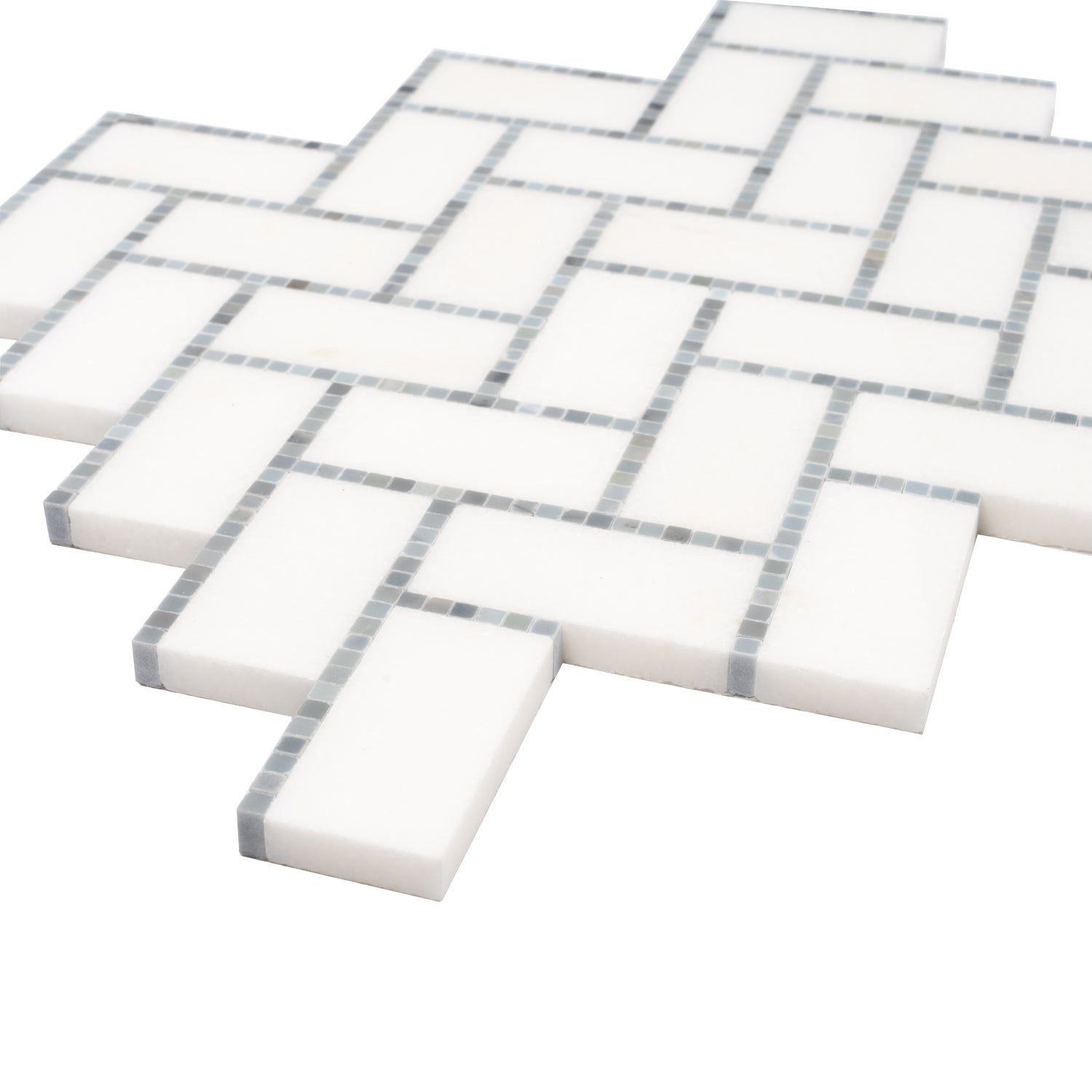 White and gray polished marble herringbone mosaic tiles with small gray border accents