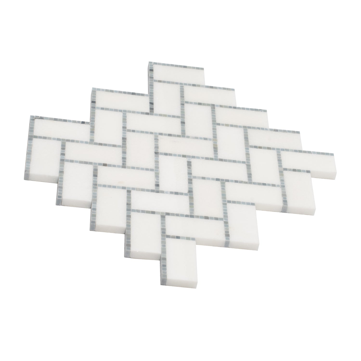 White and gray polished marble herringbone mosaic tile pattern 10x11 inches