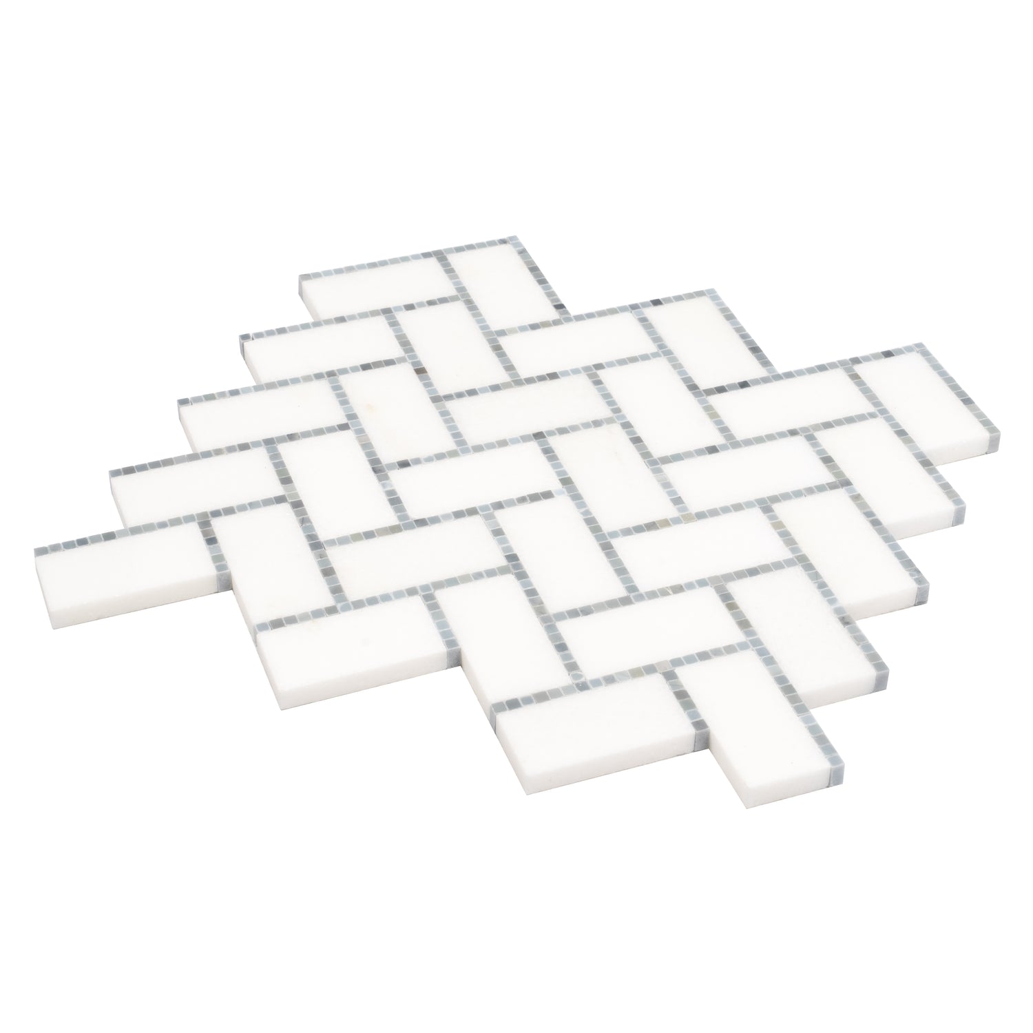 White and gray polished marble herringbone mosaic tile with 10x11 cm pieces in 5-pack