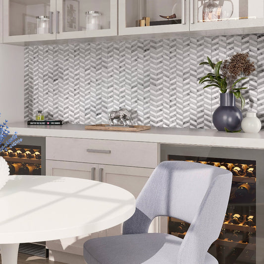 White Gray 11x13 Polished Herringbone Marble Mosaic Tile (5 pack, 5.15 sq ft/case) - Sample