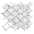 Polished white diamond marble mosaic tile sheet with gray veining and mesh backing