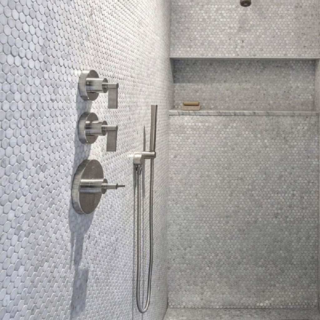 5 pack White 11.3-in. x 12.3-in. Honed Penny Round Marble Mosaic Tile (4.83 Sq ft/case) - Sample