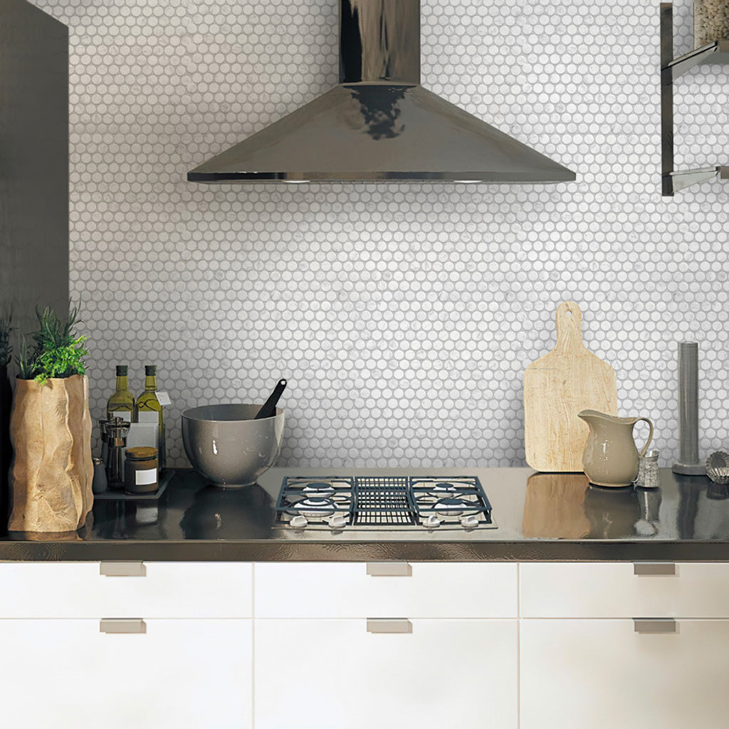 5 pack White 11.3-in. x 12.3-in. Honed Penny Round Marble Mosaic Tile (4.83 Sq ft/case) - Sample