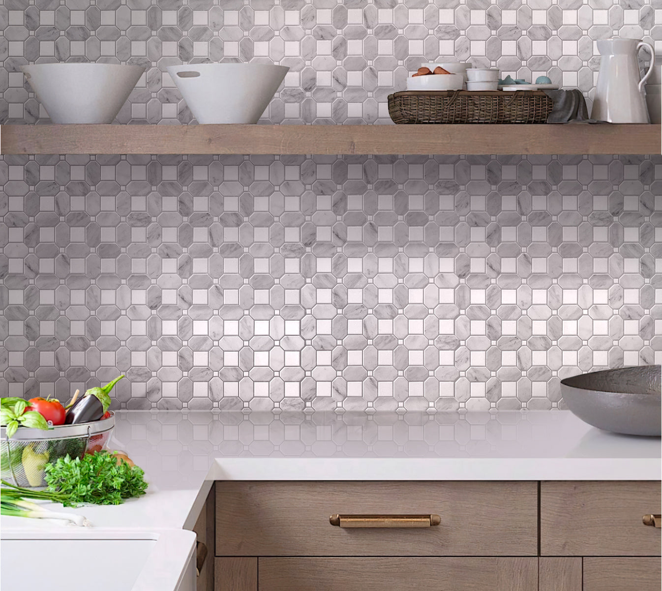 White Gray 12x12 Polished Multi-shaped Marble Mosaic Tile (5 pack, 5.17 sq ft/case) - Sample