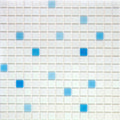 Glossy white and blue glass mosaic tiles in 12x12 square pattern with scattered blue accents