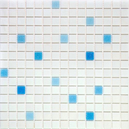 Glossy white and blue glass mosaic tiles in 12x12 square pattern with scattered blue accents