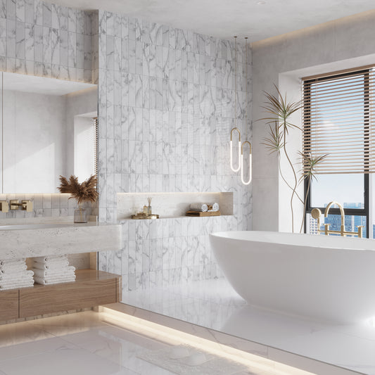 White 3x12 Textured Bianco Carrara Etched Linear Wave Elongated Subway Tile (5 sq ft/case, 20-Pack)