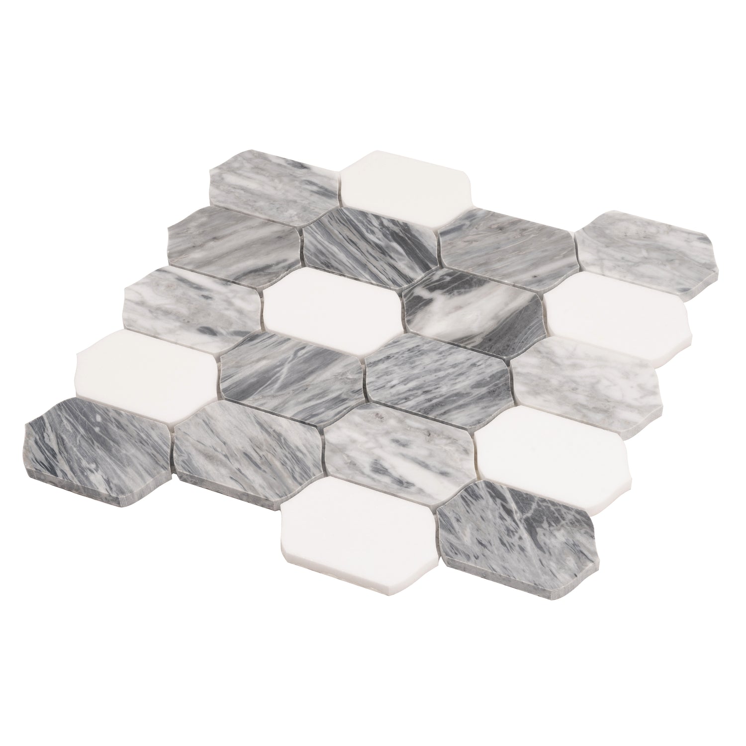 Calacatta Bluette and Thassos White polished picket lantern mosaic tiles with grey and white marble tones