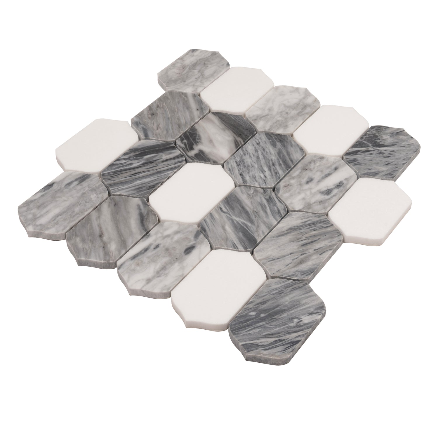 Calacatta Bluette and Thassos White polished picket lantern mosaic tile with gray and white marble pattern