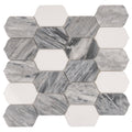 Calacatta Bluette and Thassos White polished 13x12 picket lantern mosaic tile with grey and white marble patterns
