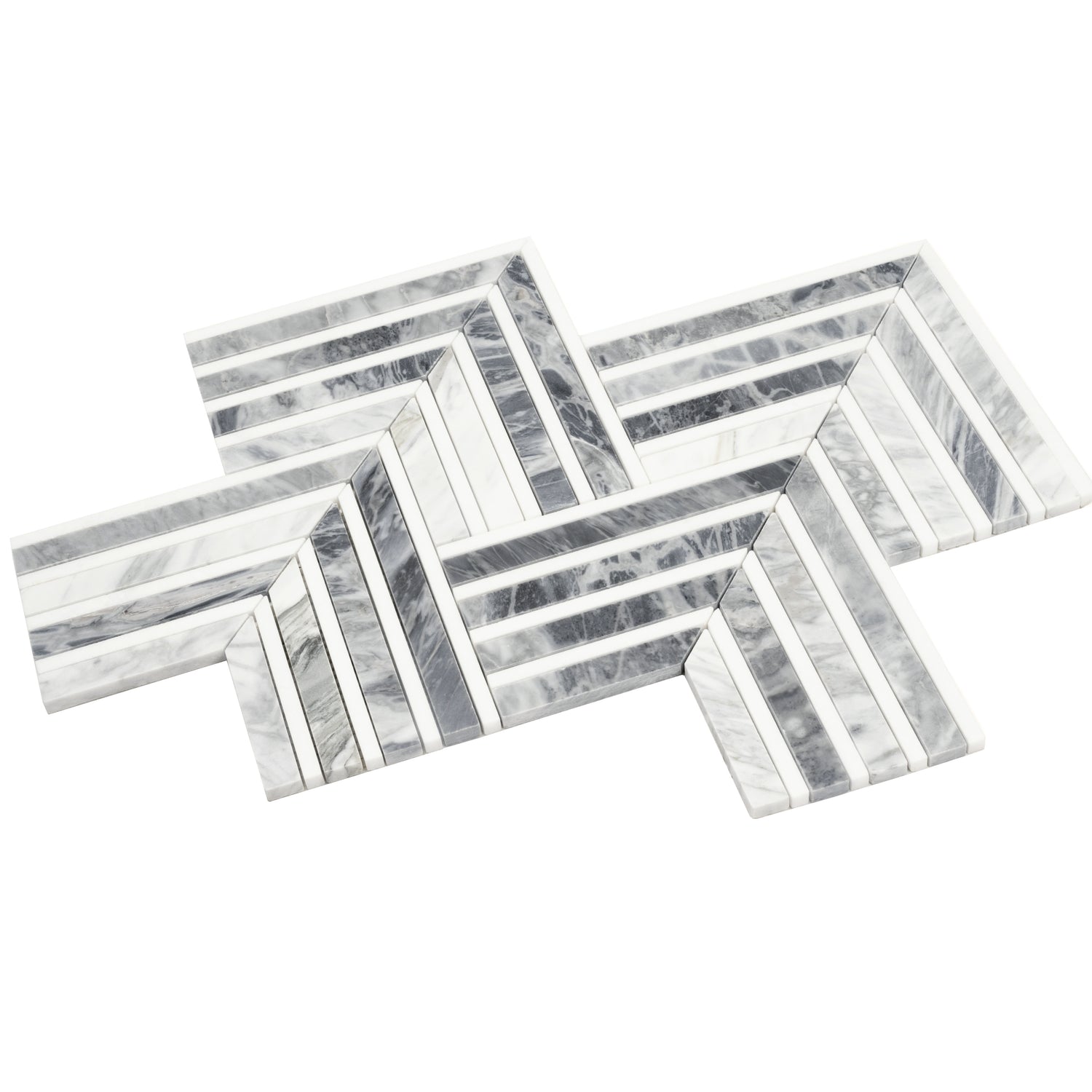 Calacatta Bluette and Thassos White polished chevron mosaic tile 13x16 inches with gray and white marble pattern