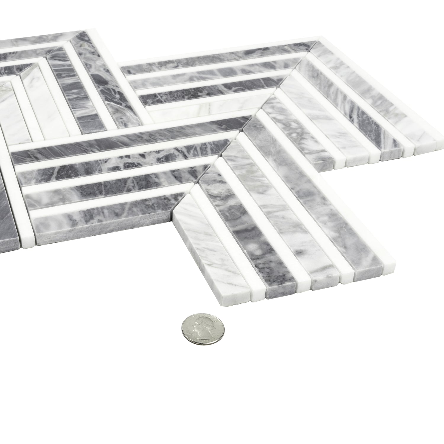 Calacatta Bluette and Thassos White polished marble chevron mosaic tile with 13x16 size in a polished finish