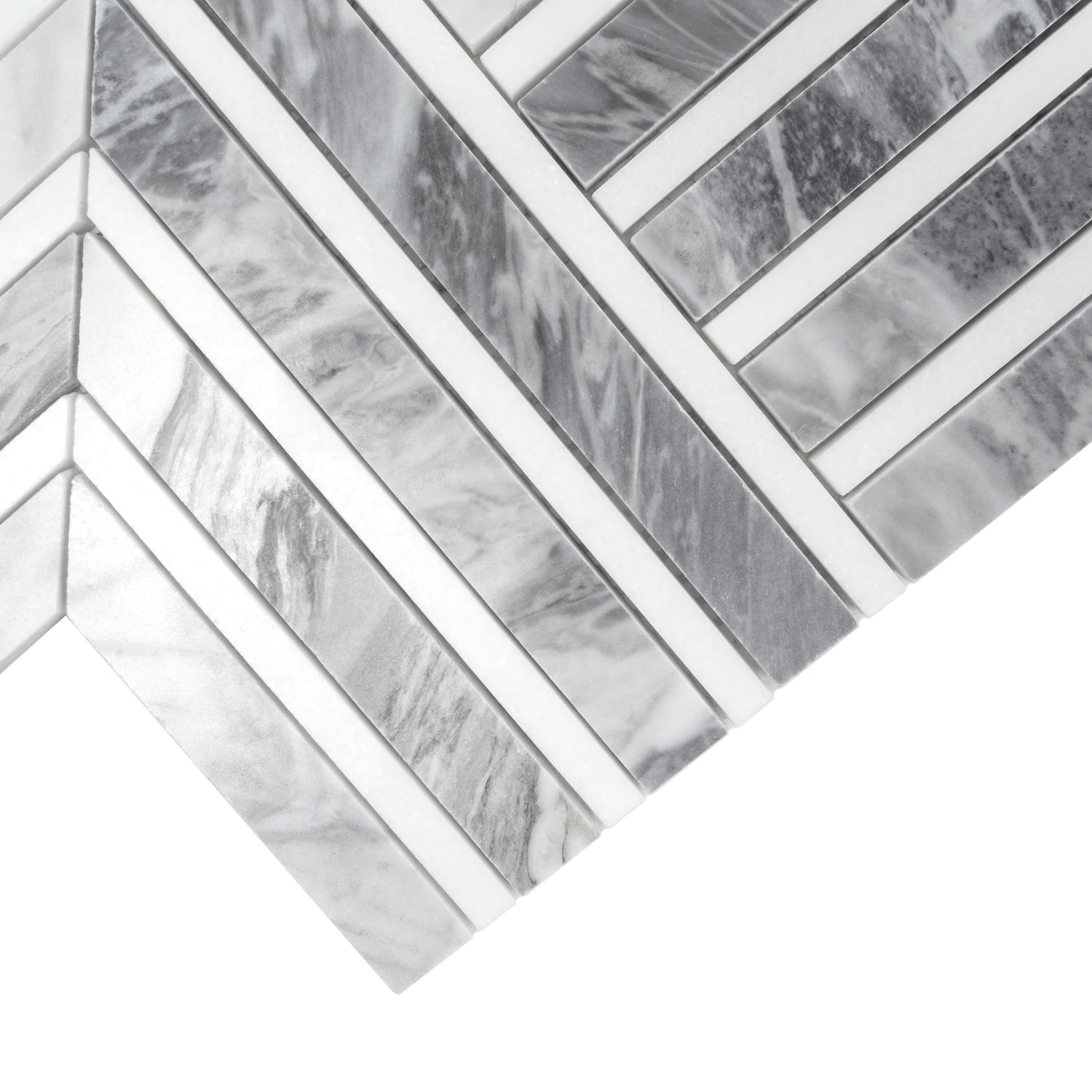 Polished Calacatta Bluette and Thassos White chevron mosaic tile with gray veining, 13x16 inch pieces